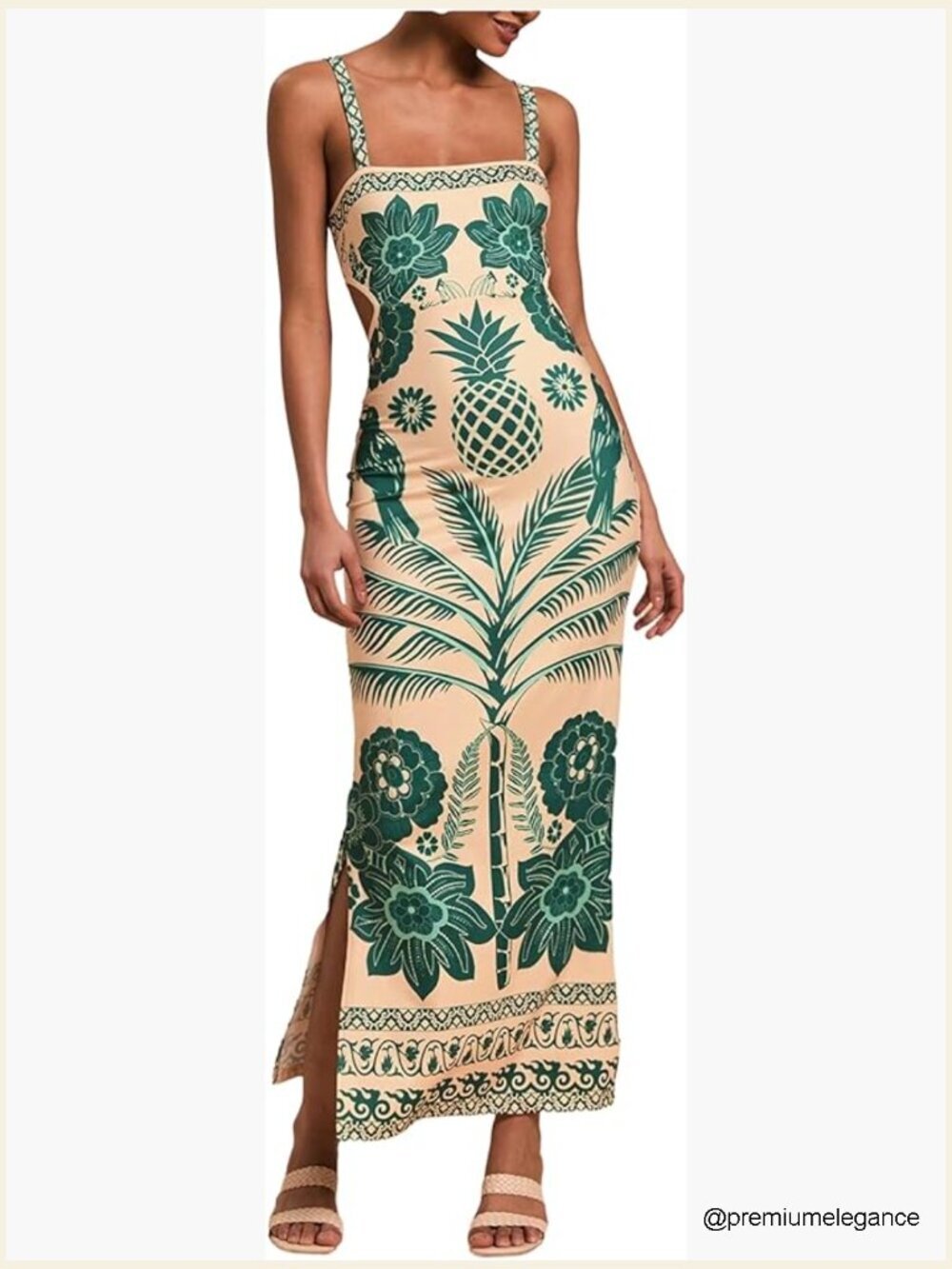 Sleeveless Maxi Dress with Tropical Print, Tie Back, and Side Split - Picture 1 of 7